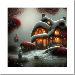 Magical Fantasy House with Lights in a Snowy Scene, Fantasy Cottagecore artwork Posters and Art